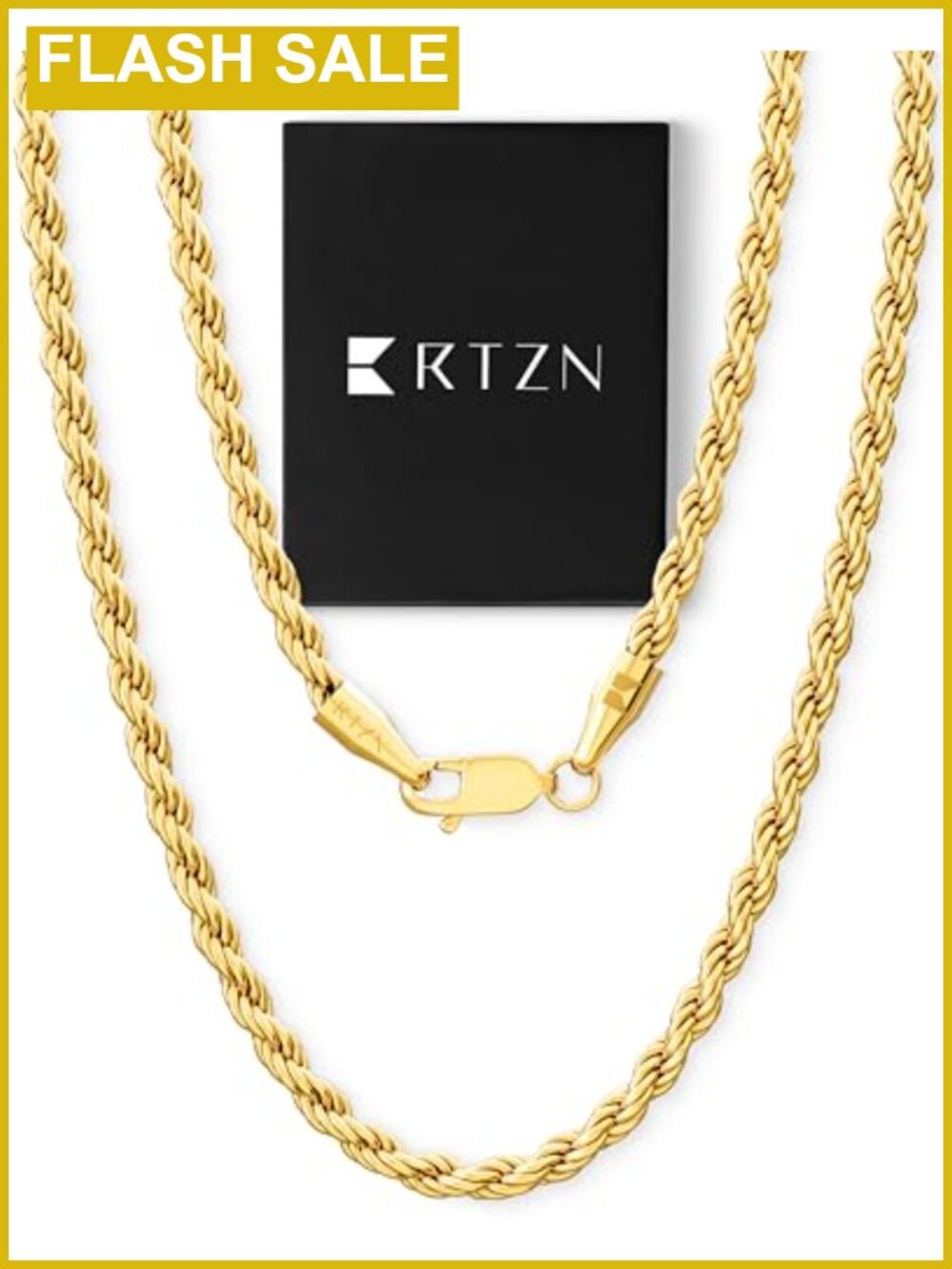 Mens Rope Chain Necklace 18K Gold Plated Stainless Steel 22 Inch